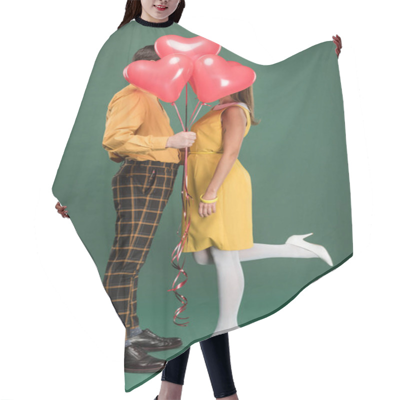 Personality  Couple Covering Faces With Heart Shaped Balloons On Green Background Hair Cutting Cape