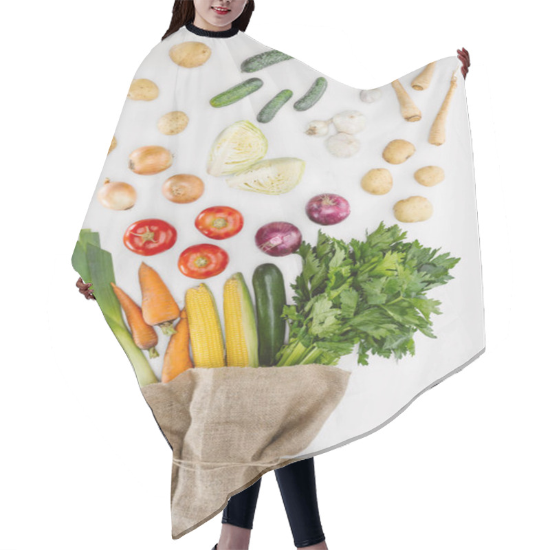 Personality  Top View Of Fresh Raw Vegetables And Sackcloth Arranged Isolated On Whit Hair Cutting Cape