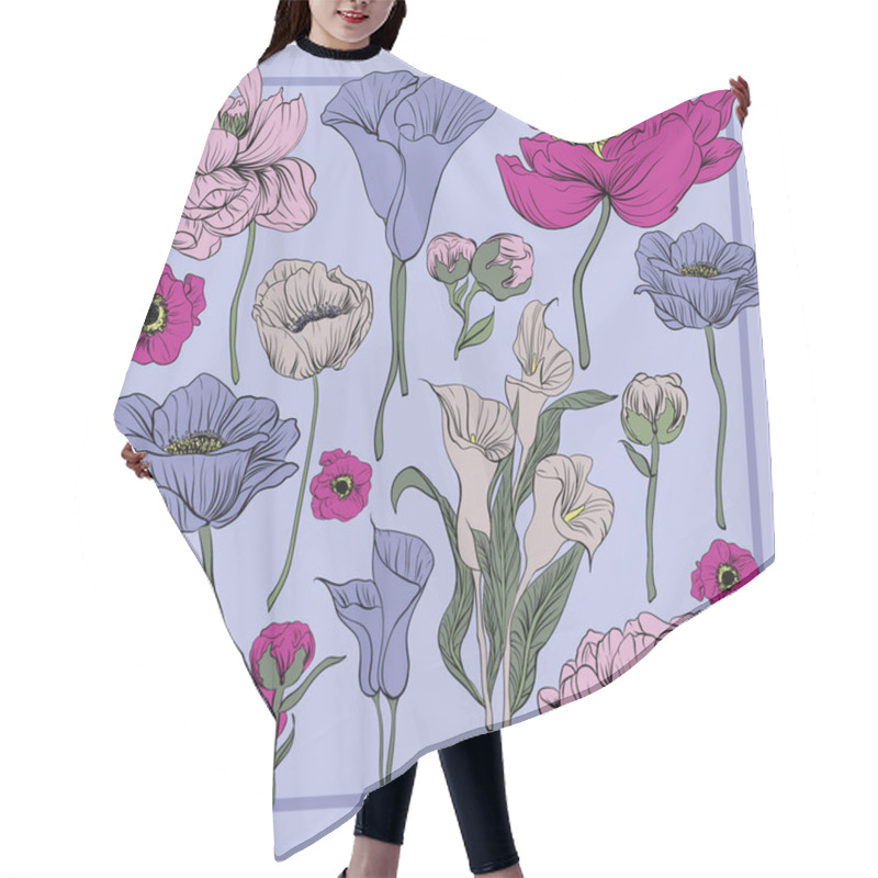 Personality  Colorful Silk Scarf With Flowering Poppie, Orhid And Peonies. Green, Pink, Violet On Violet. Hair Cutting Cape