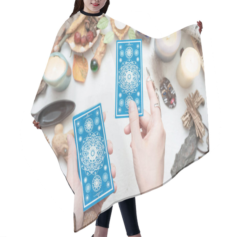 Personality  Tarot Cards In Fortune Teller Hands Close Up. Future Reading. Hair Cutting Cape