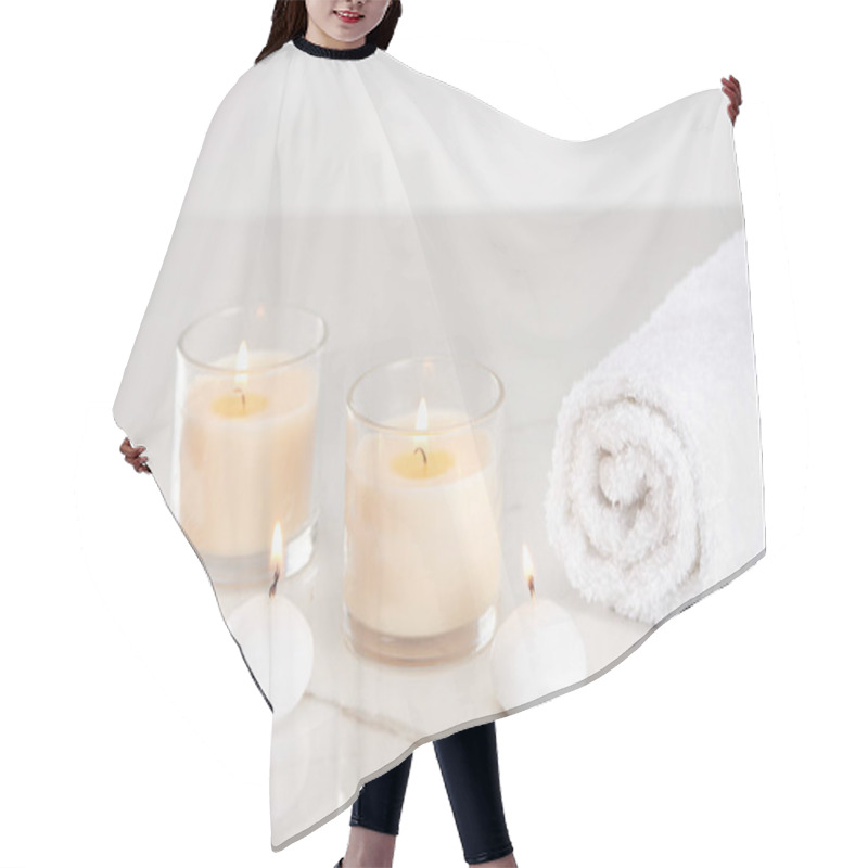 Personality  Burning White Candles In Glass And Rolled Towel On Marble White Surface Hair Cutting Cape