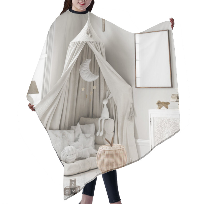 Personality  Mock Up Frame In Children Room, Scandi-Boho Style Interior Background, 3D Render Hair Cutting Cape