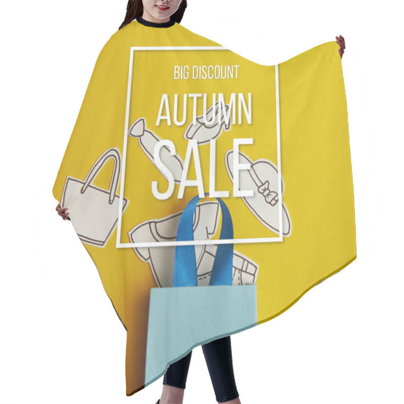 Personality  Top View Of Blue Shopping Bag With Paper Clothes On Yellow Background, Autumn Sale Inscription Hair Cutting Cape