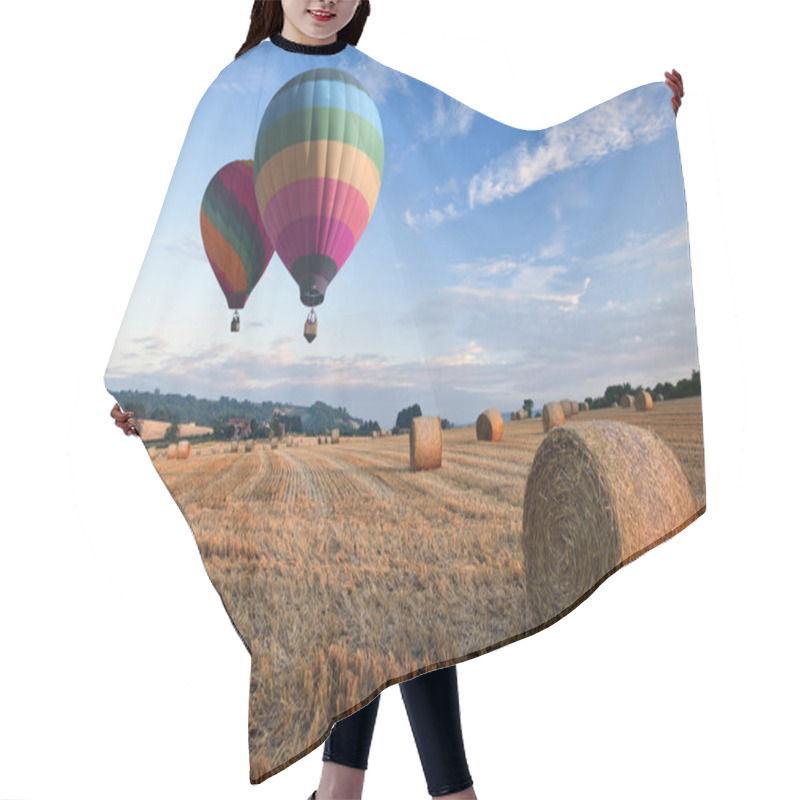 Personality  Hot Air Balloons Over Hay Bales Sunset Landscape Hair Cutting Cape