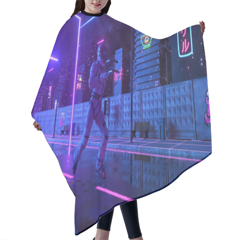 Personality  An Astronaut Runs Down The Street In A Neon City. 80s Background. Retro Style. Futuristic Concept. 3D Illustration Hair Cutting Cape