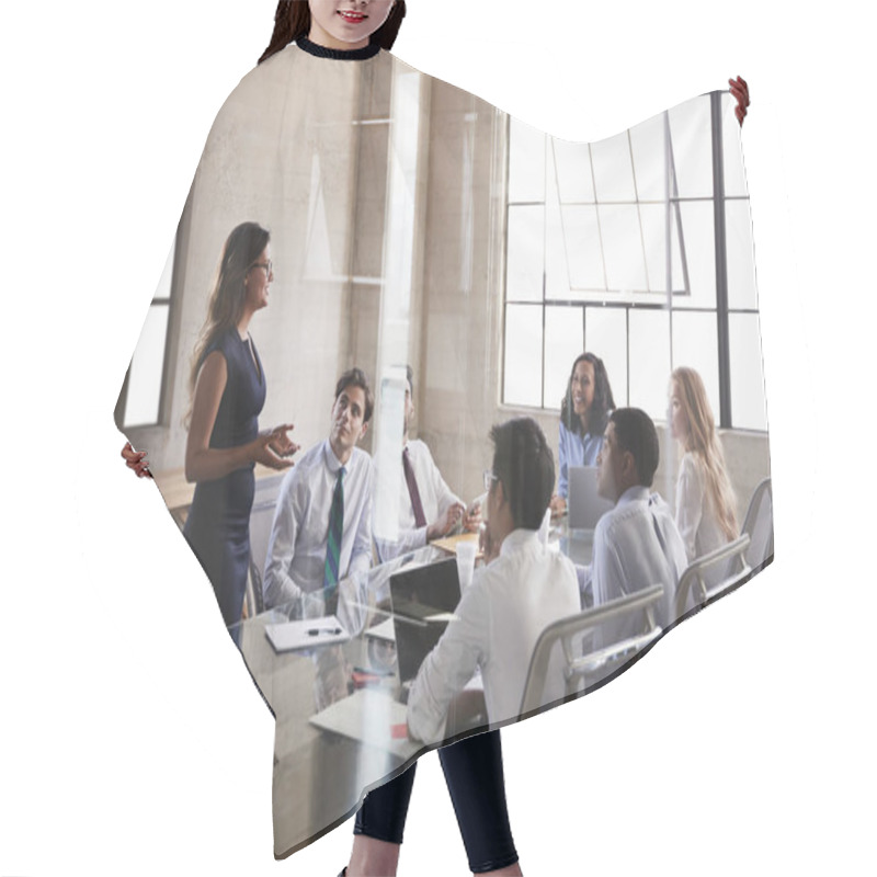 Personality  Businesswoman Addressing Colleagues At Meeting, Side View Hair Cutting Cape