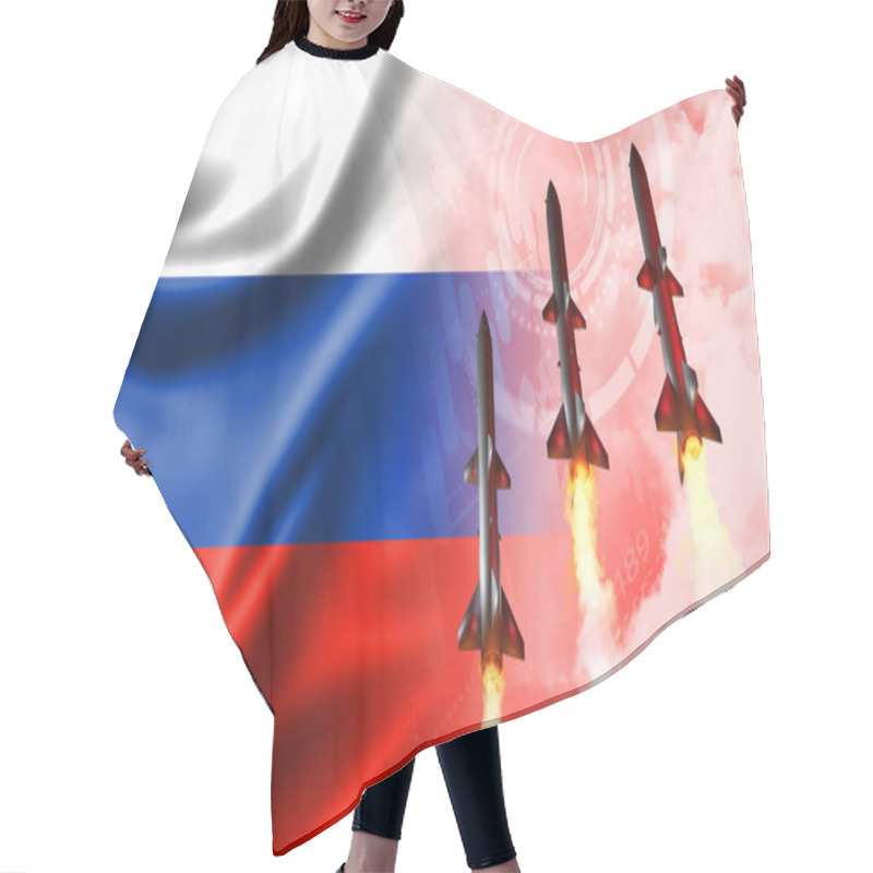 Personality  Russian Flag With Missiles. Russian Nuclear Missile Attack. Hair Cutting Cape