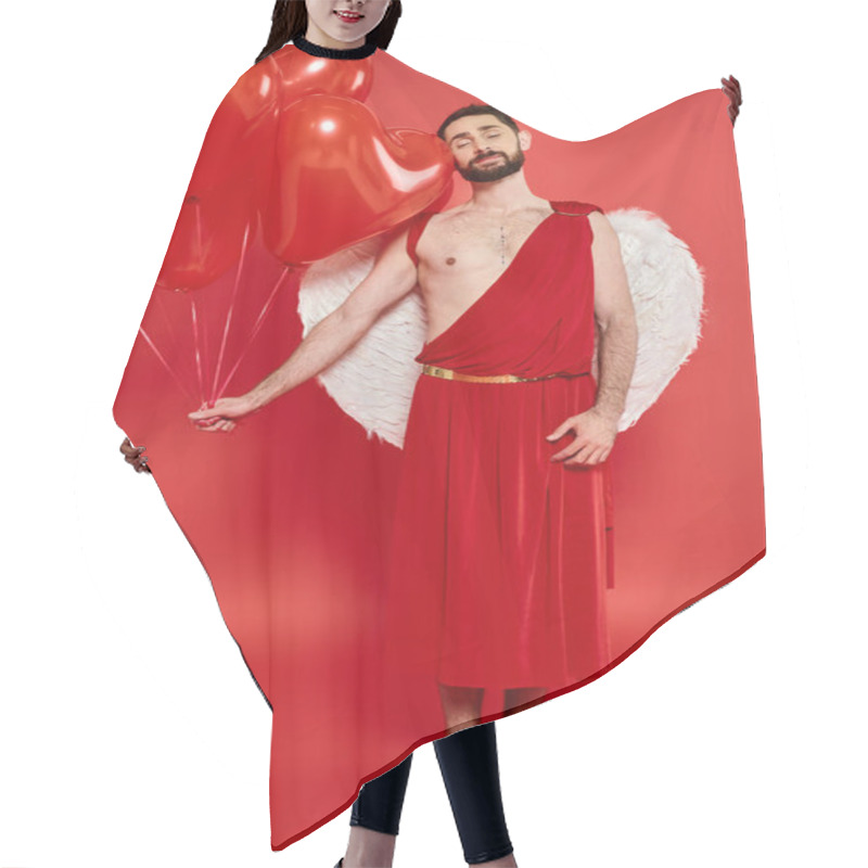 Personality  Romantic Bearded Man In Cupid Costume With Closed Eyes And Red Balloons On Red, St Valentines Day Hair Cutting Cape