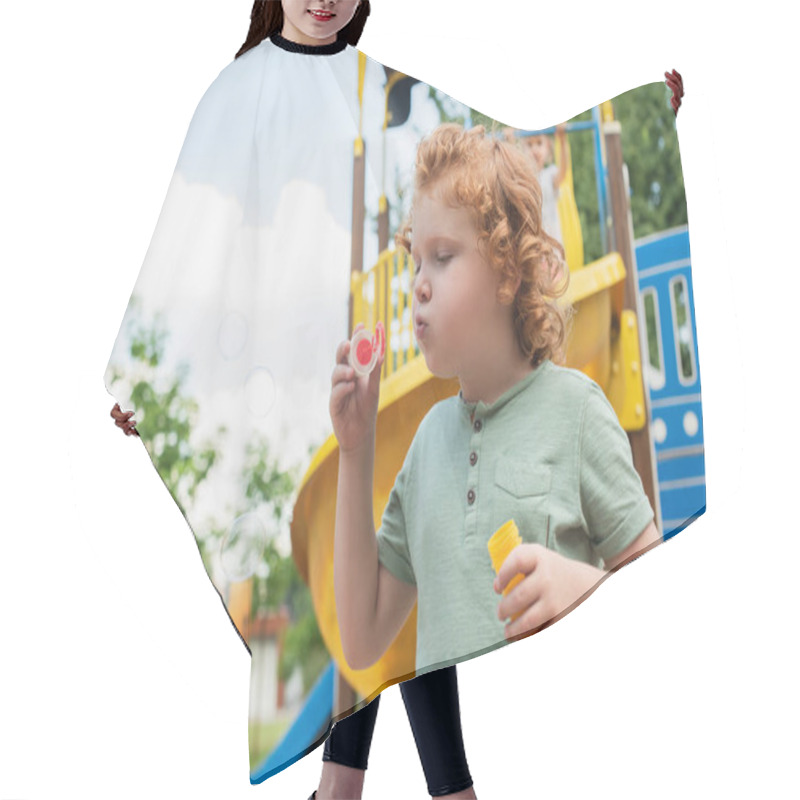 Personality  Curly Boy Blowing Soap Bubbles On Playground Hair Cutting Cape