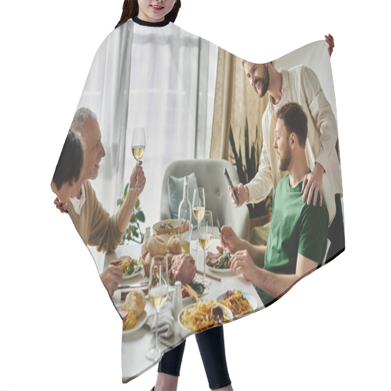 Personality  A Gay Couple Introduces Their Partners To Parents During A Home-cooked Meal. Hair Cutting Cape