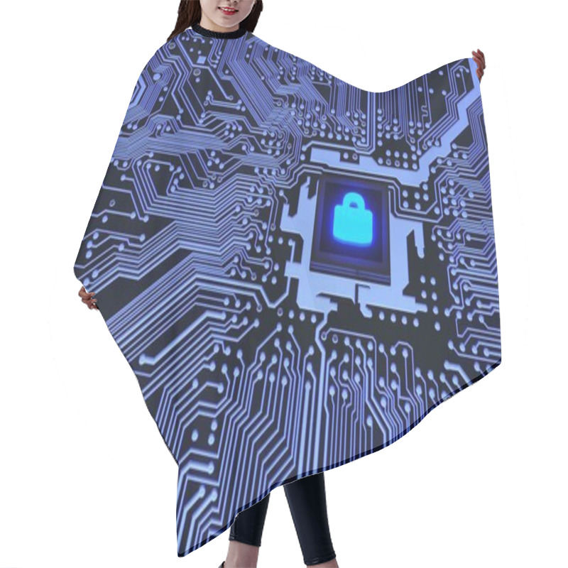 Personality  Blue Circuit Board Closeup Connected To Cpu With Padlock Hair Cutting Cape