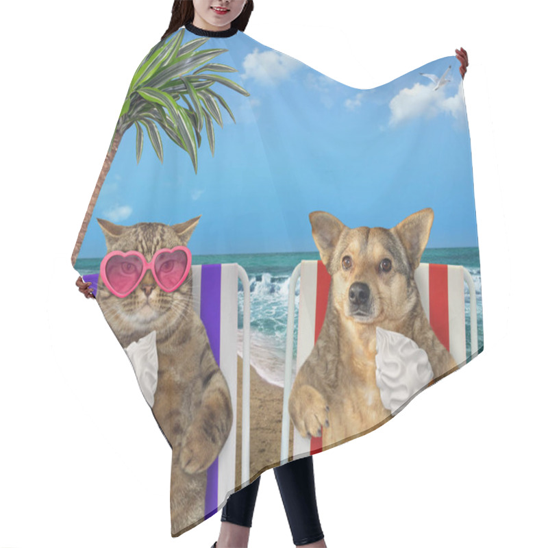 Personality  Dog And Cat Eating Ice Cream Under A Palm Hair Cutting Cape