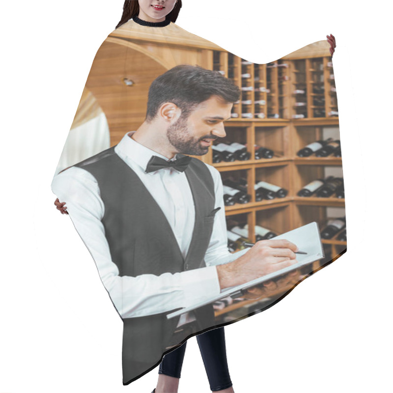 Personality  Handsome Young Wine Steward Making Notes At Wine Store Hair Cutting Cape