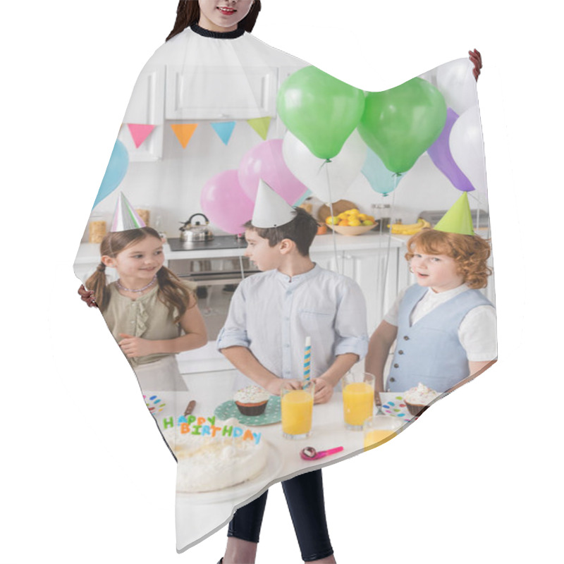 Personality  Happy Boy And Girl Looking At Each Other Next To Cake During Birthday Party  Hair Cutting Cape