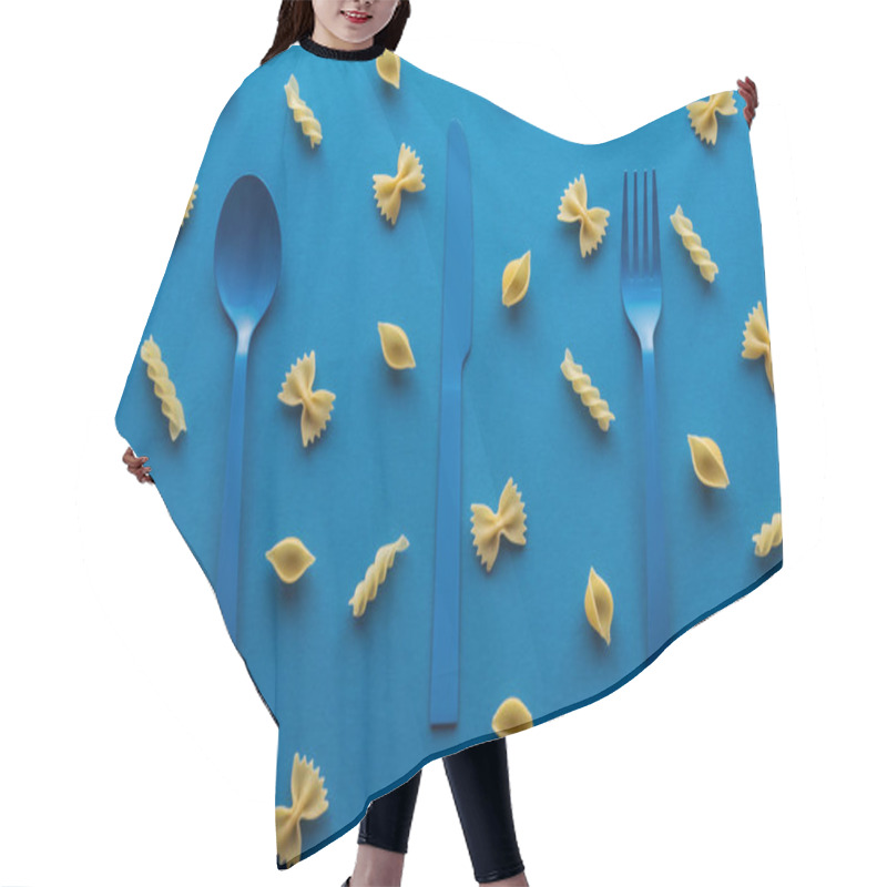 Personality  Blue Plastic Cutlery With Uncooked Pasta Around On Blue Background Hair Cutting Cape