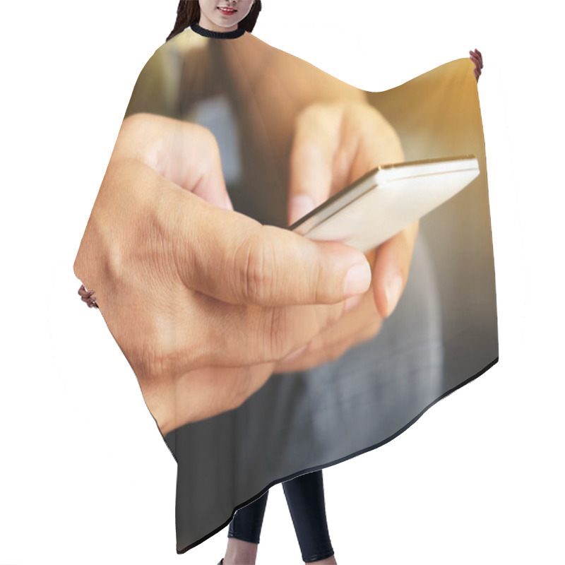 Personality  Using Smart Phone, Closeup Of Man Hands Holding And Touching A Smartphone Hair Cutting Cape