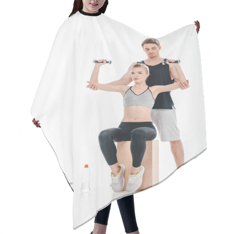 Personality  Girl Doing Exercise With Trainer Hair Cutting Cape