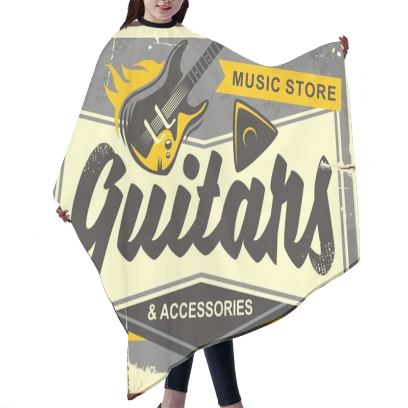 Personality  Guitar Store Retro Advertisement Sign Board With Electric Guitar, Guitar Pick And Creative Typo. Vintage Music Illustration. Vector Image. Hair Cutting Cape