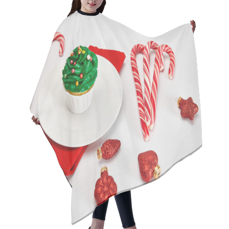 Personality  Delicious Cupcake On White Plate With Candies, Baubles And Red Napkin On White Surface Hair Cutting Cape