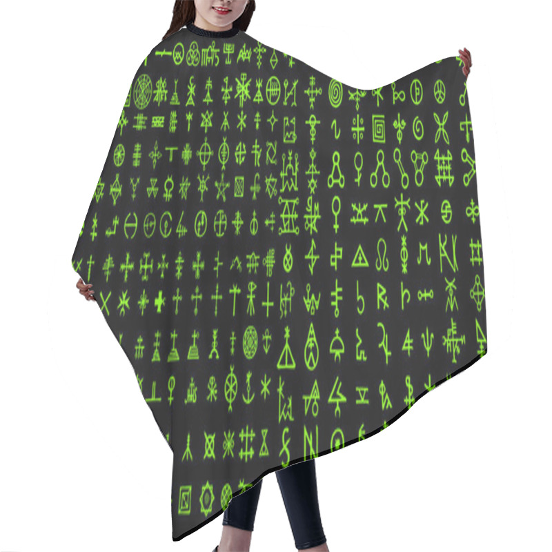 Personality  Alternative Of Digital Green Matrix And Computer Code Symbols. Quantum Computers And Qubit,  Hacker And Crypto, Steampunk, Alien Programming Concept. Vector.  Hair Cutting Cape