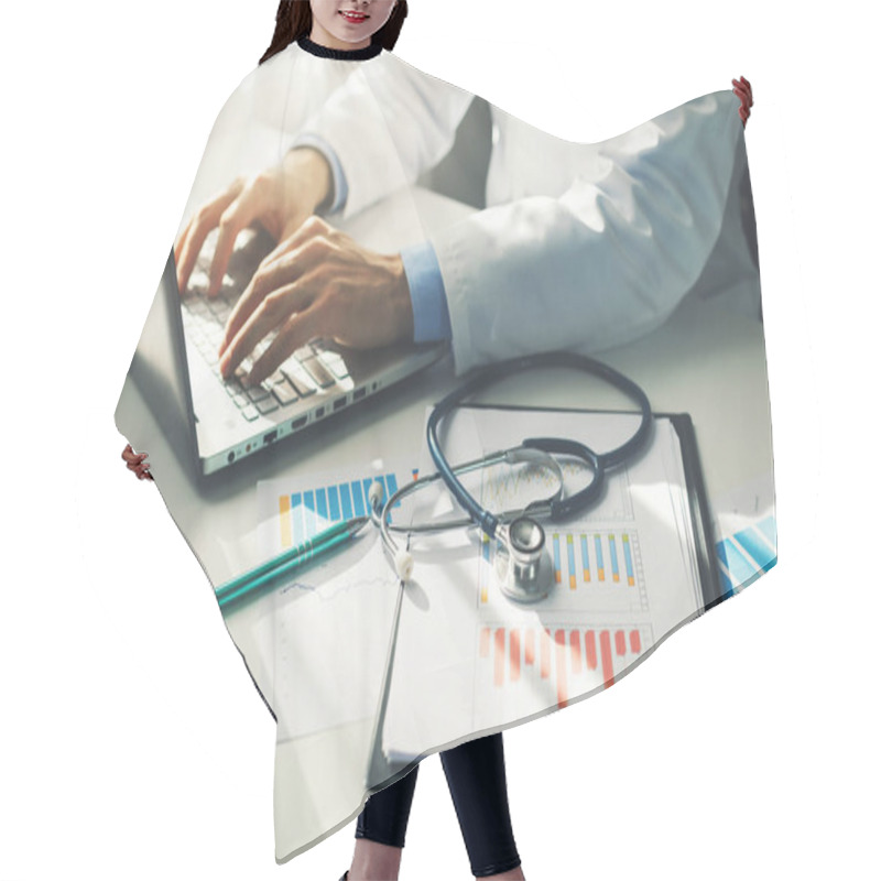 Personality  Doctor Working With Medical Statistics And Financial Reports In Office Hair Cutting Cape