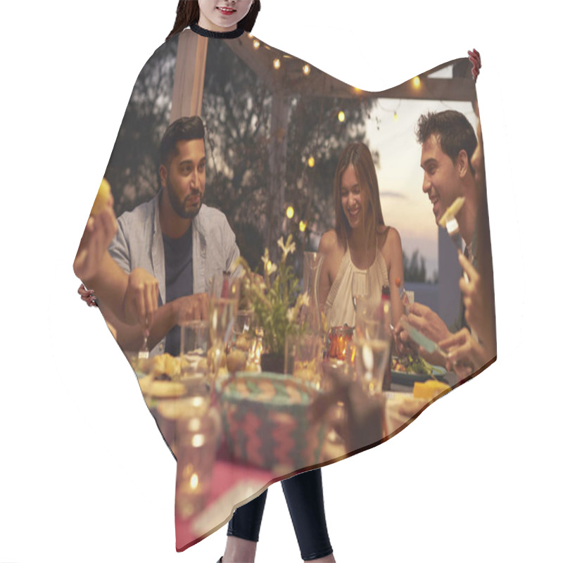 Personality  Friends Eating And Drinking At Dinner Party Hair Cutting Cape