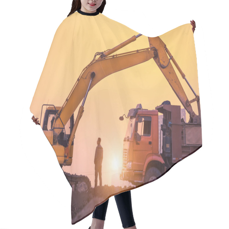 Personality  Heavy Wheel Excavator Machine Working At Sunset Hair Cutting Cape