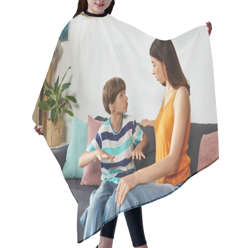 Personality  A Mother Engages Attentively With Her Son, Fostering Communication And Understanding. Hair Cutting Cape