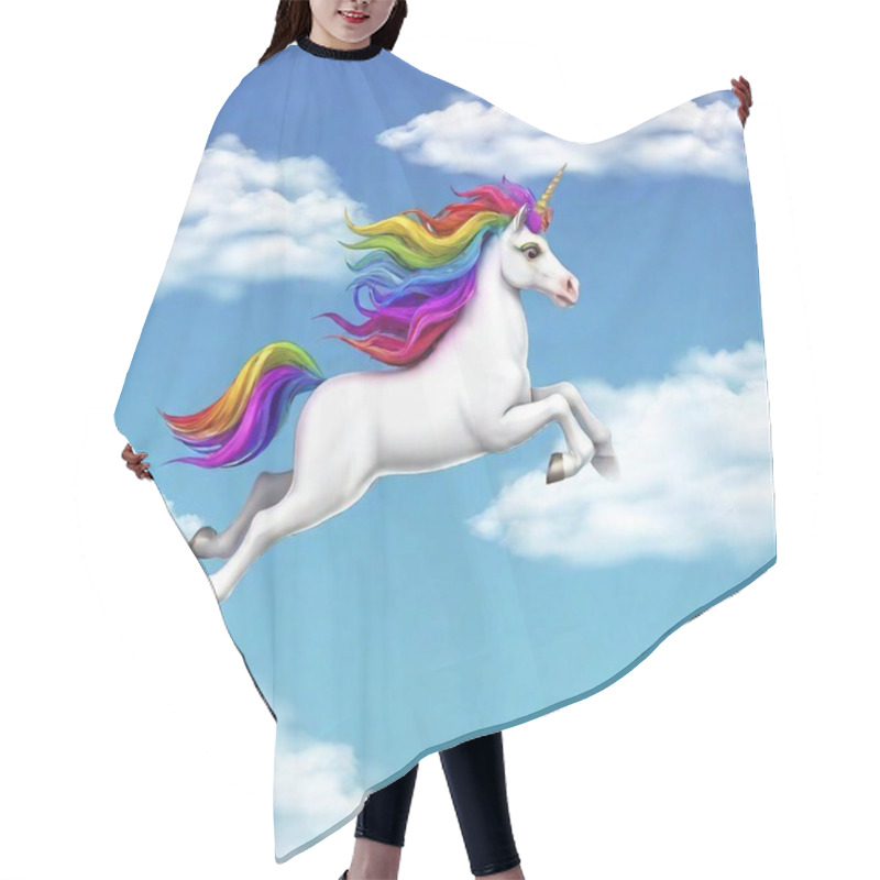 Personality  A Playful Cartoon Unicorn With A Rainbow Mane, Jumping Over Fluffy Clouds In A Bright Blue Sky. Hair Cutting Cape