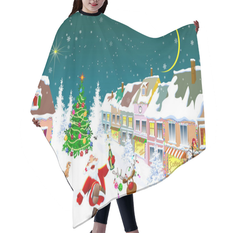 Personality  City Street In The Winter Christmas Night. Santa And Deer Happily Greet Christmas.  Christmas Tree. Houses Covered With Snow. Winter Night On Christmas Eve. Hair Cutting Cape