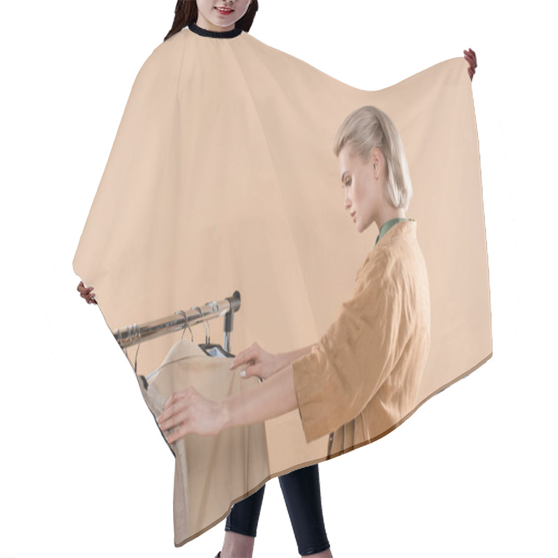 Personality  Blonde Woman Looking At Eco Clothing Isolated On Beige Hair Cutting Cape