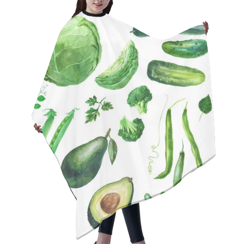 Personality  Watercolor Illustration, Set. Vegetables. Cabbage Broccoli Avocado Peas Beans, Cucumbers. Isolated Eco Food Illustration On White Background. Hair Cutting Cape