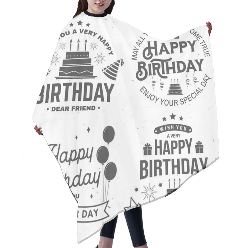 Personality  Set Of Happy Birthday Templates For Badge, Sticker, Card With Bunch Of Balloons, Gifts, Serpentine, Hat And Birthday Cake With Candles. Vector. Vintage Design For Birthday Celebration Hair Cutting Cape