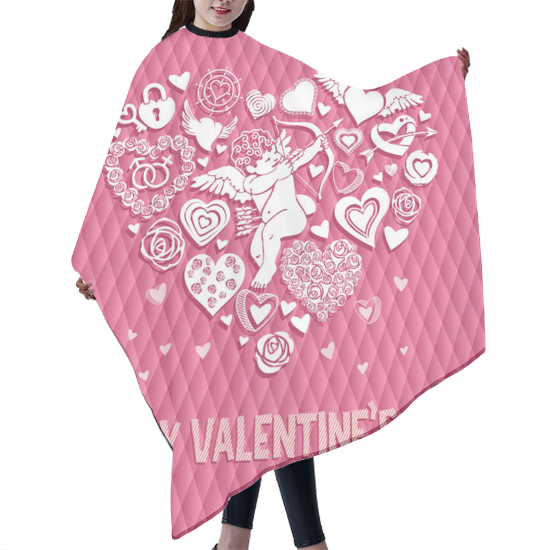 Personality  Greeting Card To St. Valentine's Day With A Big Heart Consisting Of Flowers, Cupid, Small Hearts, Locks And Keys. Hair Cutting Cape