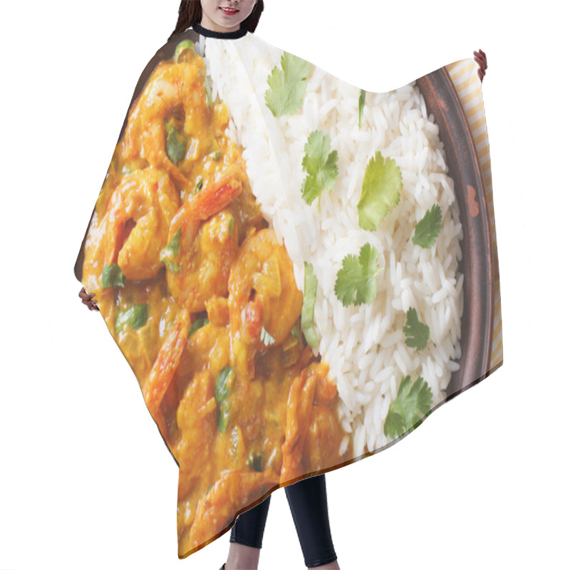 Personality  Shrimps In Curry Sauce And Rice Close-up. Horizontal Top View Hair Cutting Cape