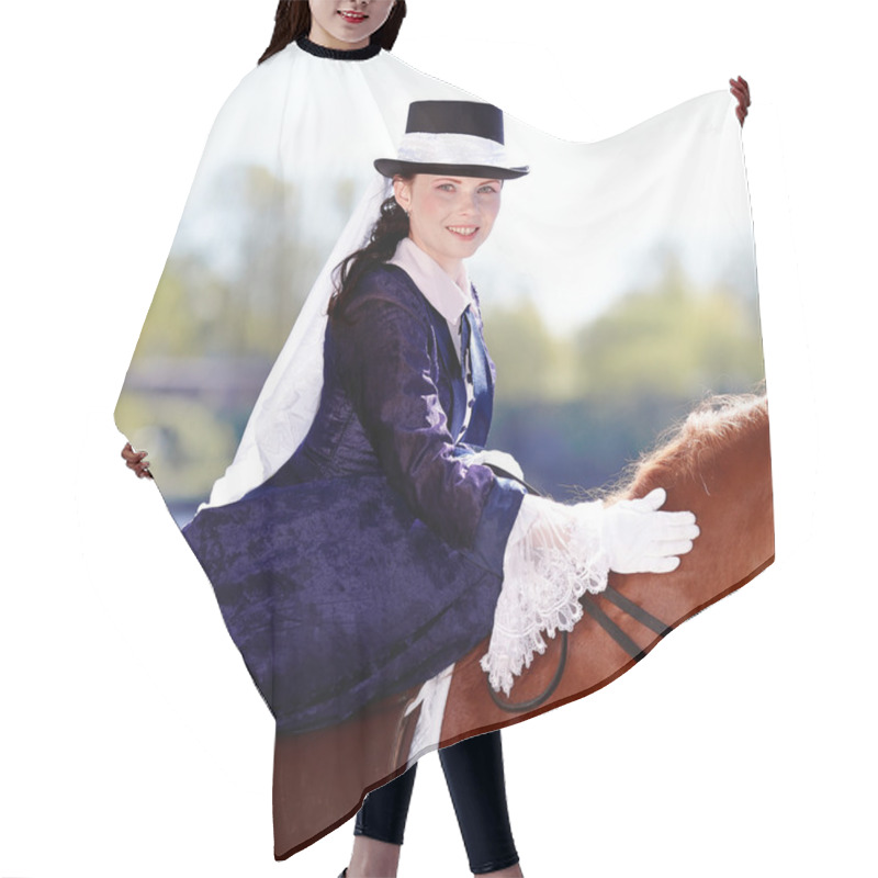 Personality   Portrait Of The Horsewoman. Hair Cutting Cape