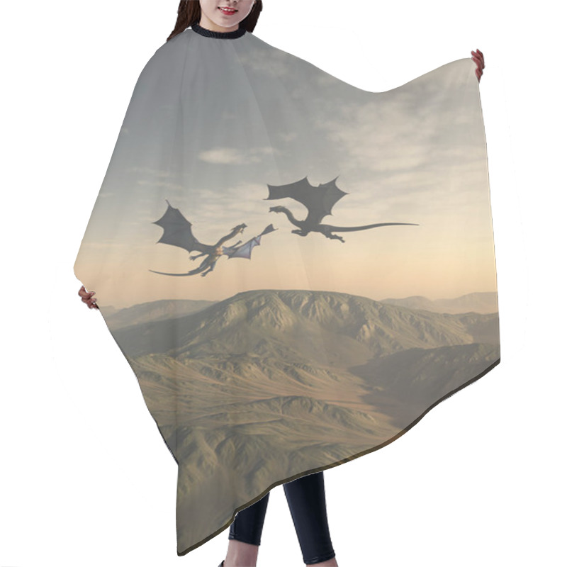 Personality  Fantasy Illustration Of Two Friendly Dragon Companions Flying Together Over A Mountain Landscape, 3d Digitally Rendered Illustration Hair Cutting Cape