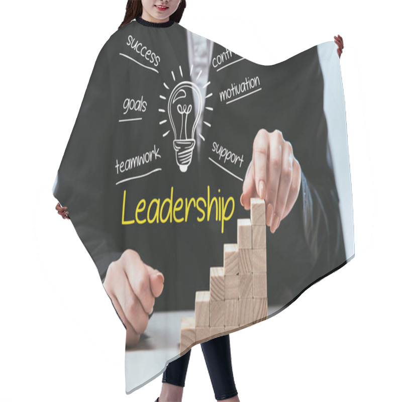 Personality  Cropped View Of Woman With Wooden Career Ladder, Components Of Leadership On Foreground Hair Cutting Cape