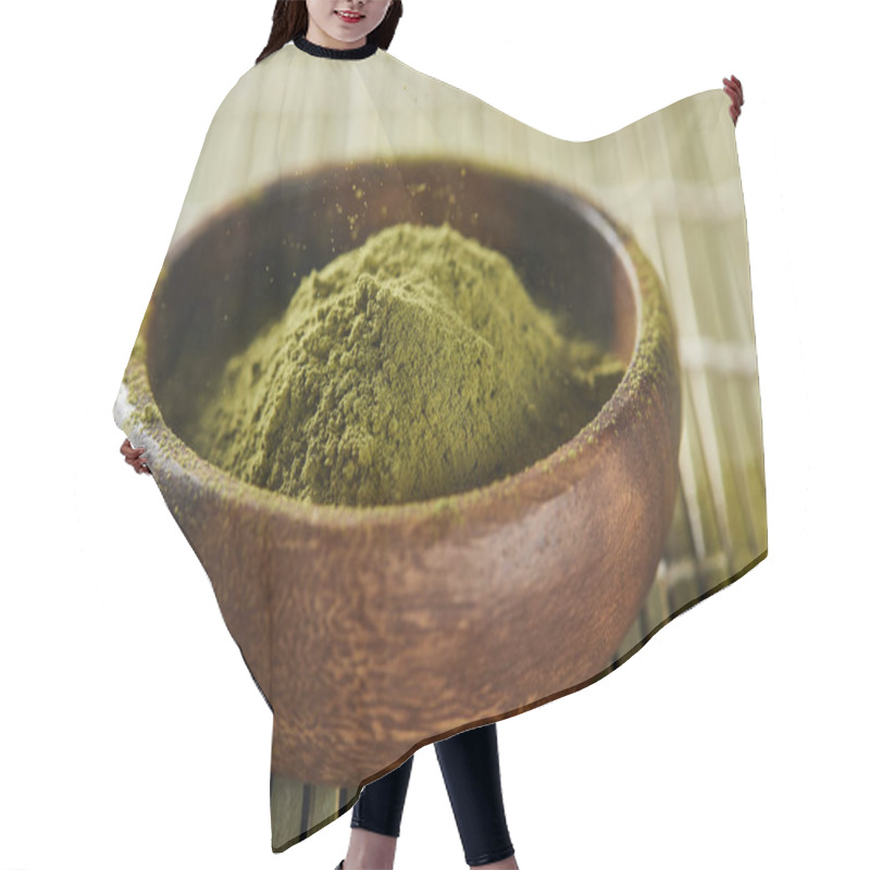 Personality  Selective Focus Of Green Matcha Powder In Wooden Bowl On Bamboo Table Mat Hair Cutting Cape