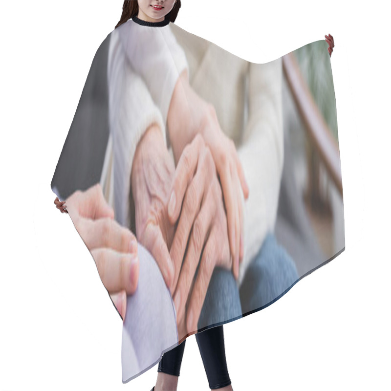 Personality  Partial View Of Young Social Worker Touching Hand Of Aged Woman, Banner Hair Cutting Cape