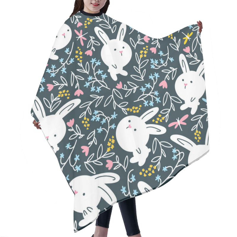 Personality  Forest Rabbit Seamless Pattern. Cute Character With Flowers. Baby Cartoon Vector In Simple Hand-drawn Scandinavian Style. Nursery Illustration On Dark Background Hair Cutting Cape