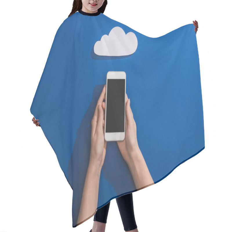 Personality  Cropped View Of Woman Holding Smartphone Near Empty White Paper Cloud On Blue Hair Cutting Cape