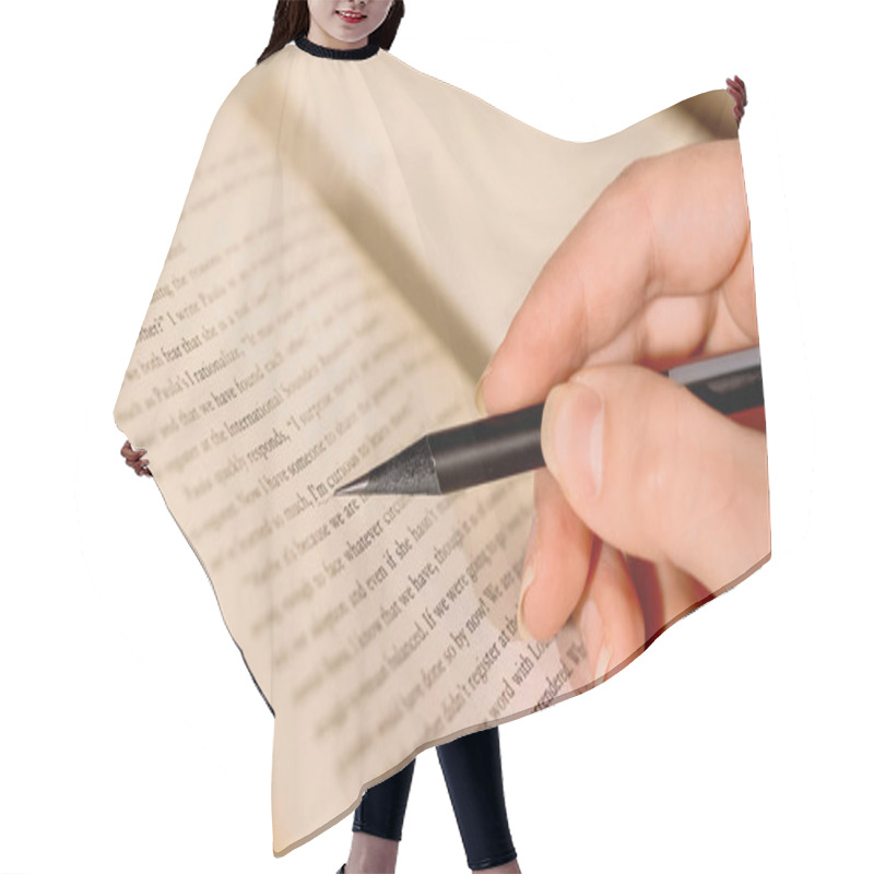 Personality  Cropped View Of Woman With Pencil Drawing On Book  Hair Cutting Cape