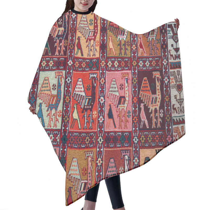 Personality  Traditional Rug With Intricate Geometric Patterns In Red, Orange, Yellow, Pink, And Black. Symmetrical Shapes And Vibrant Colors Create A Rich Tapestry Design, Bordered By Bold, Contrasting Edges. Hair Cutting Cape