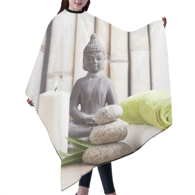 Personality  Wellness And Spa Concept With Buddha Figure Hair Cutting Cape