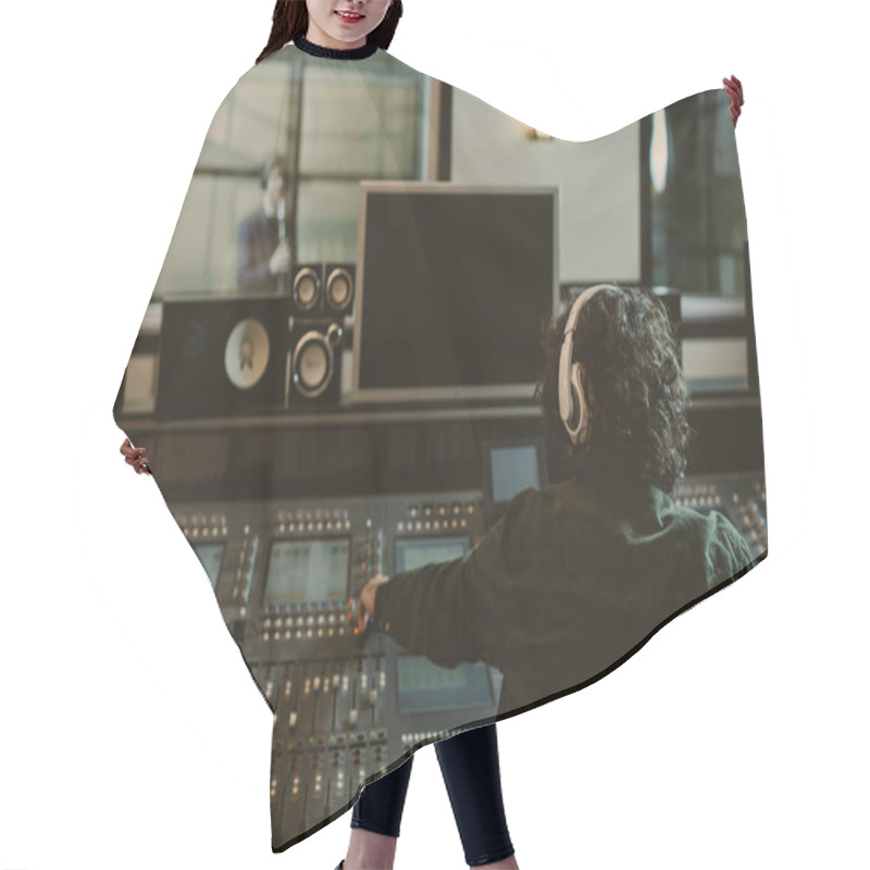 Personality  Back View Of Sound Producer Working At Studio While Recording Song Hair Cutting Cape