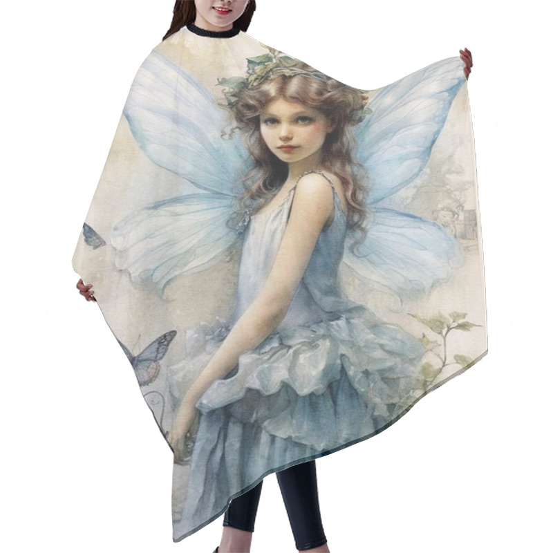 Personality  Watercolor Illustration Of A Fairy With Wings In A Blue Dress On A Vintage Background, Scrapbooking Paper Hair Cutting Cape