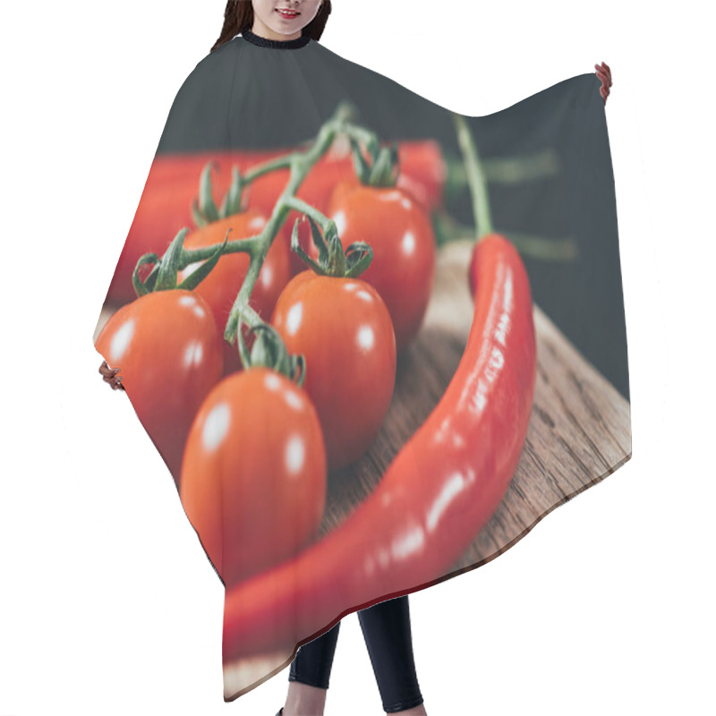 Personality  Close-up View Of Fresh Ripe Cherry Tomatoes And Chili Peppers On Wooden Cutting Board Hair Cutting Cape