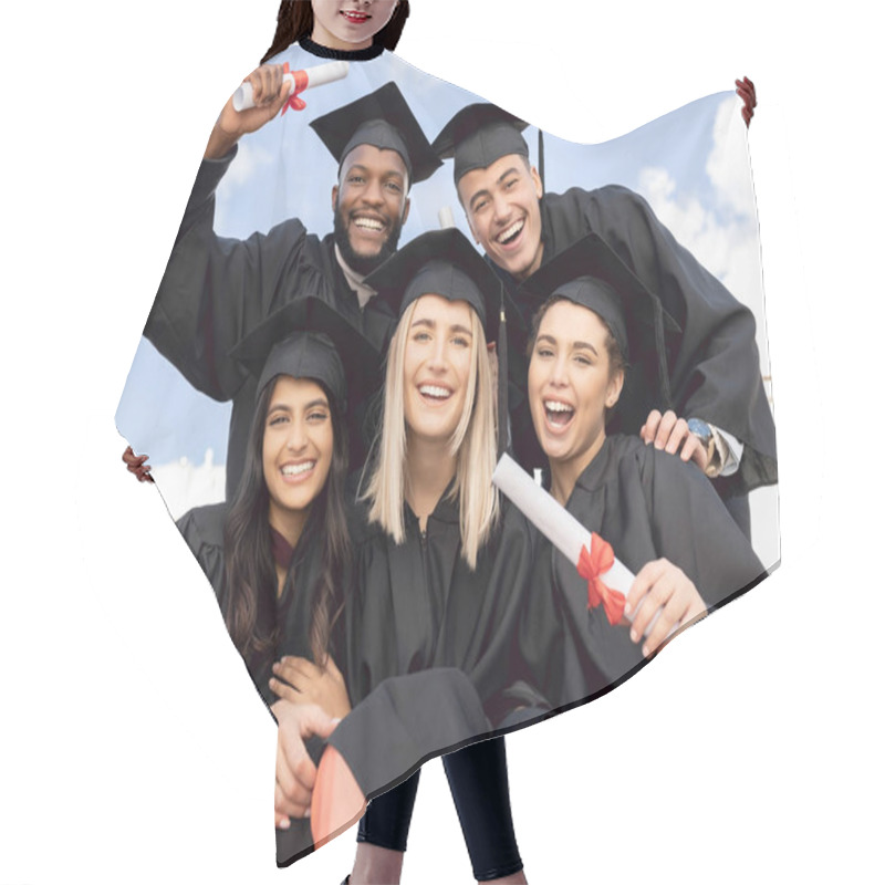 Personality  Graduation, Diversity Students And Portrait For Education Success On Sky Background. Excited Graduates, Happy Friends And Celebration Of Study Goals, University Award And Smile At College Event. Hair Cutting Cape