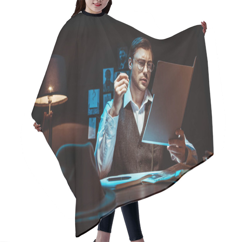 Personality  Concentrated Detective In Glasses Reading Dossier In Dark Office Hair Cutting Cape